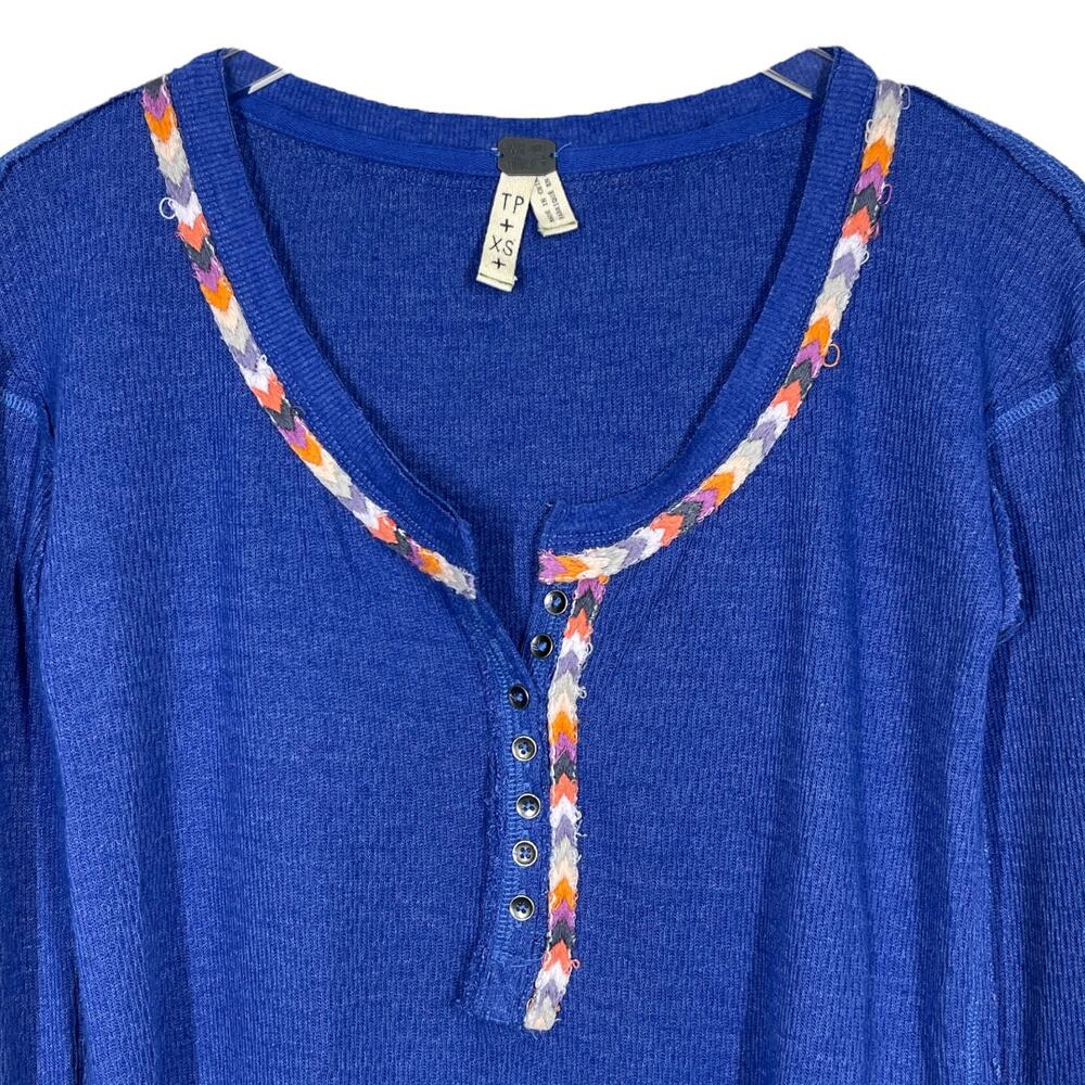Free People Rainbow Thermal Henley Top XS Blue Long Sleeve Embroidered Boho - Picture 3 of 7